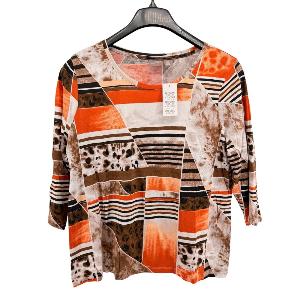 NEW Chico's Outlet Bella Top‎ Womens 2/Large Orange Marmalade Geo Safari Blouse